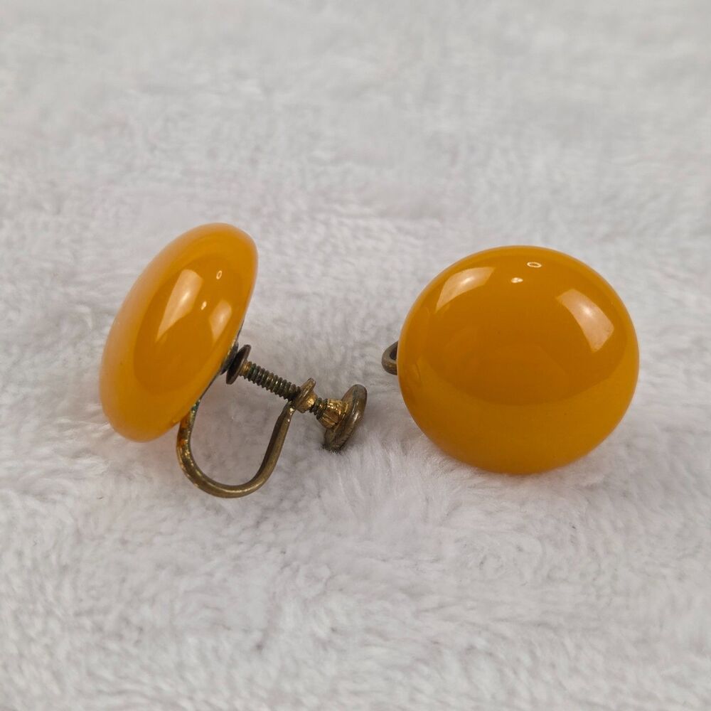 Vintage Yellow Screw Back Plastic Earrings 3/4" Dome Shape Mid-Century Mod